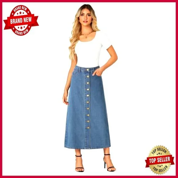 A Line Denim Midi Skirt High Waist Button Down Casual Elegant Y2K Retro - Picture 6 of 7